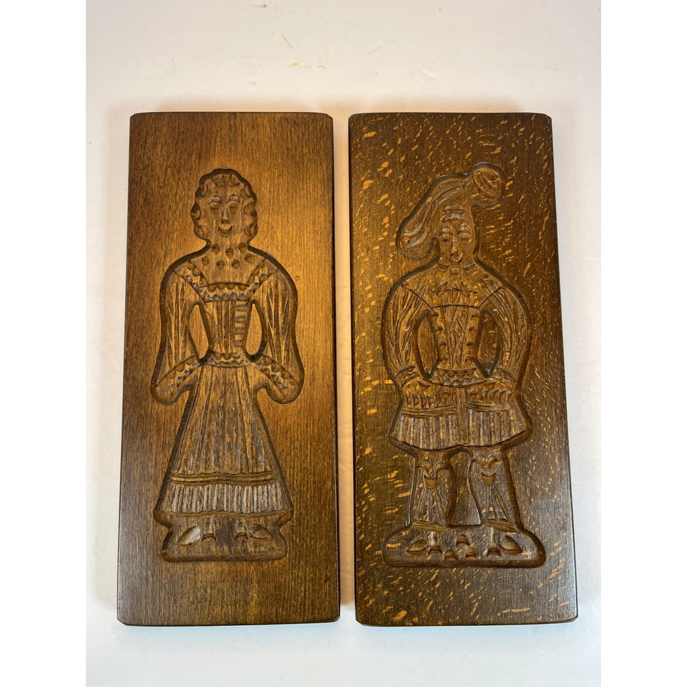 Vintage Hand Carved Wooden Speculaas Cookie Molds Dutch Folk Art Wall Decor Pair